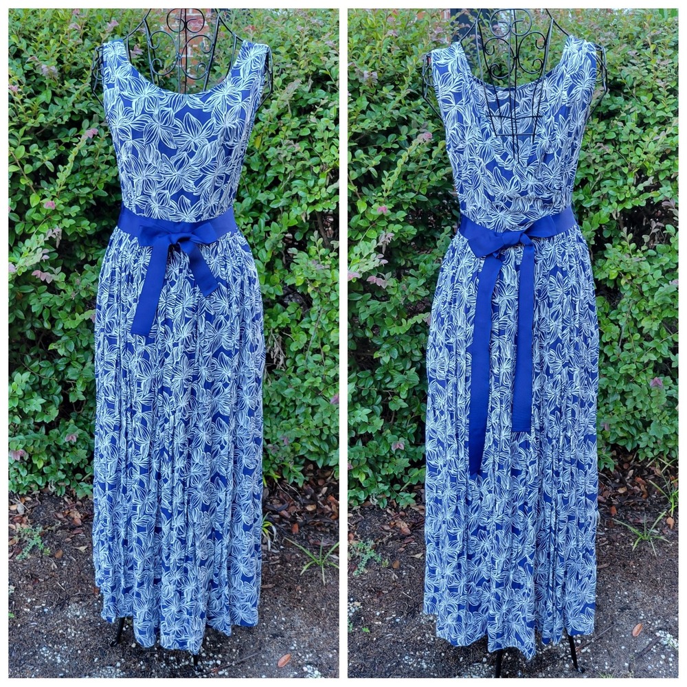 Vineyard Vines 6 Maxi Dress Blue White Floral Pleated Ribbon Belt Italy Summer